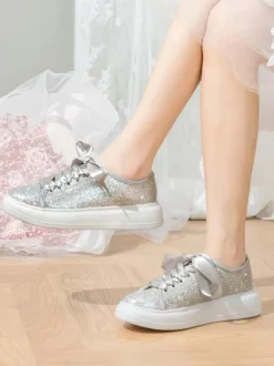 Glitter Flat Wedding Shoes Round Toe Lace Up Bridal Shoes