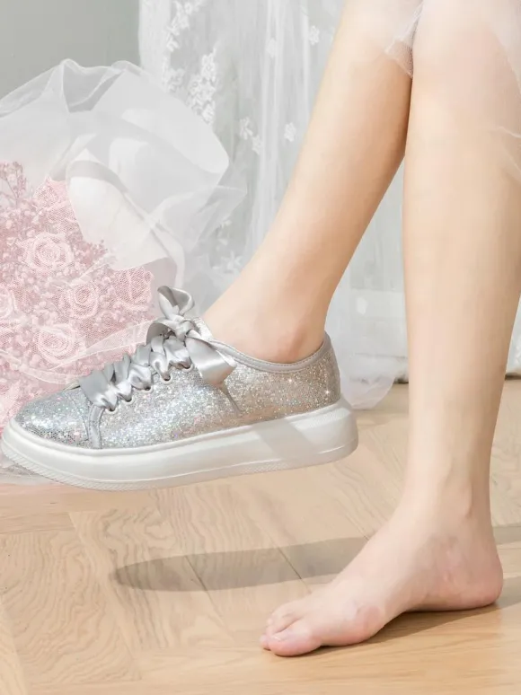 Glitter Flat Wedding Shoes Round Toe Lace Up Bridal Shoes