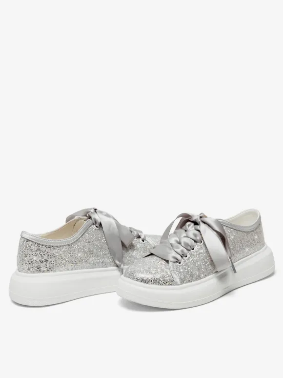 Glitter Flat Wedding Shoes Round Toe Lace Up Bridal Shoes