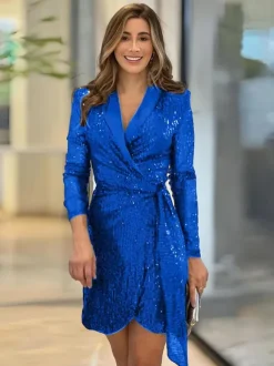 Glitter Mini Blazer Dress Lapel Wrap V-Neck Long Sleeves Day Dresses In Burgundy