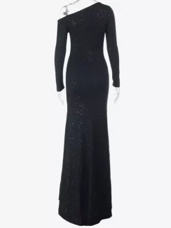 Glitter One Shoulder Maxi Dress For Women - Black Sparkly High Slit Slim Fit Gown - Spring Gala Prom Party Outfits 2026