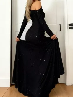 Glitter One Shoulder Maxi Dress For Women - Black Sparkly High Slit Slim Fit Gown - Spring Gala Prom Party Outfits 2026