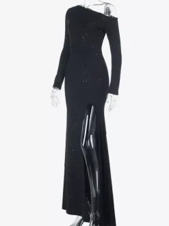 Glitter One Shoulder Maxi Dress For Women - Black Sparkly High Slit Slim Fit Gown - Spring Gala Prom Party Outfits 2026