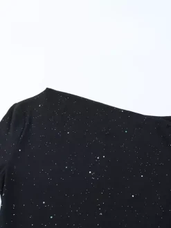Glitter One Shoulder Maxi Dress For Women - Black Sparkly High Slit Slim Fit Gown - Spring Gala Prom Party Outfits 2026