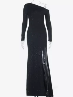 Glitter One Shoulder Maxi Dress For Women - Black Sparkly High Slit Slim Fit Gown - Spring Gala Prom Party Outfits 2026