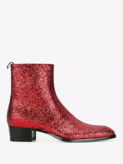 Glitter Ankle Boots Real Leather Round Toe Chunky Heel Booties