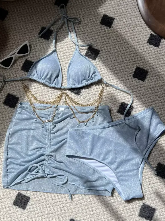 Glittering Rhinestone Chain Bikini And Mini Skirt 3 Piece Swimsuit Set For Summer 2026
