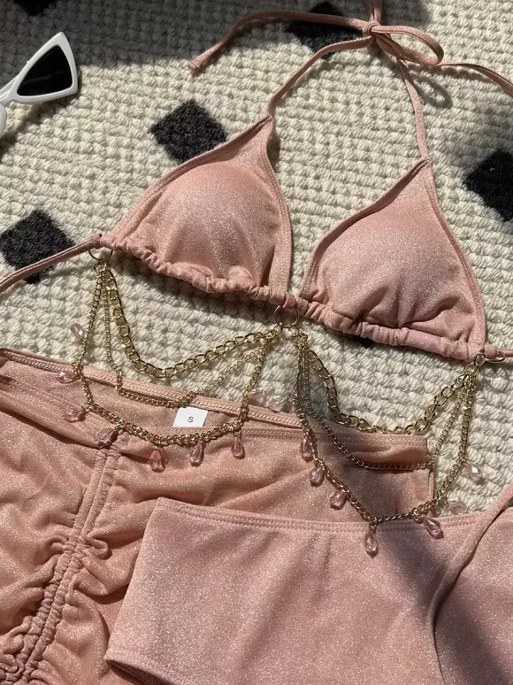 Glittering Rhinestone Chain Bikini And Mini Skirt 3 Piece Swimsuit Set For Summer 2026
