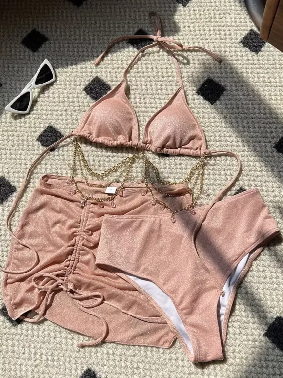 Glittering Rhinestone Chain Bikini And Mini Skirt 3 Piece Swimsuit Set For Summer 2026