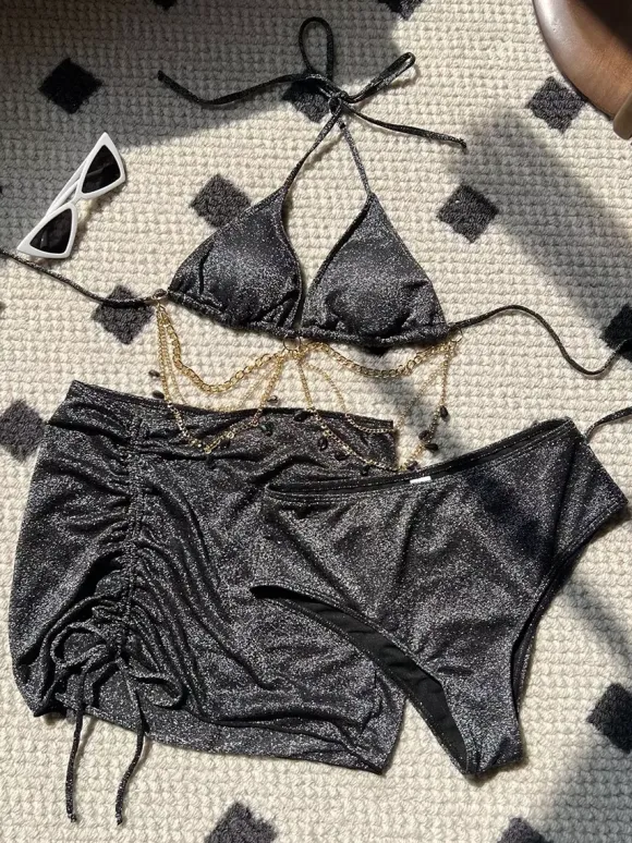 Glittering Rhinestone Chain Bikini And Mini Skirt 3 Piece Swimsuit Set For Summer 2026