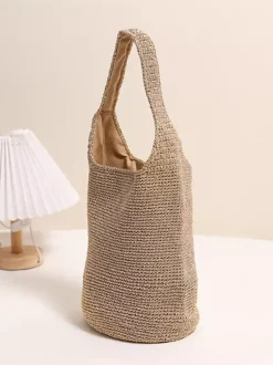 Glitter Thread Knit Bucket Shoulder Bag Magnetic Snap Hollow Woven Hobo Tote Summer Beach Vacation Purse
