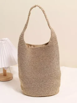 Glitter Thread Knit Bucket Shoulder Bag Magnetic Snap Hollow Woven Hobo Tote Summer Beach Vacation Purse
