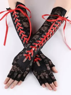 Gloves For Woman Lace Up Lace Black Long Gloves