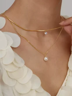 Glue Pearl And Cubic Zirconia Layered Necklace For Women 2026