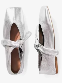 Gold Ballet Flats Square Toe Metallic Knotted Detail Flat Shoes