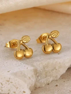 Gold Cherry Fruit Stud Earrings For Women 2026