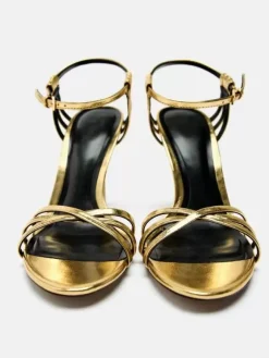 Gold Heeled Sandals Open Toe Strappy Ankle Strap Party Shoes
