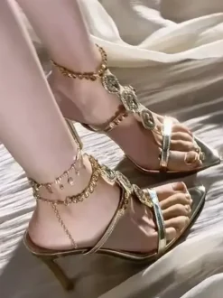 Gold High Heel Sandals Open Toe Rhinestones Strappy Stiletto Heel Party Shoes