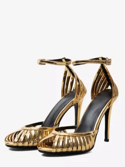 Gold High Heel Sandals Peep Toe Designed Stiletto Party Shoes