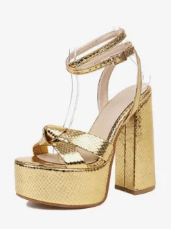 Gold High Heel Sandals Platform Open Toe Knotted Chunky Heel Ankle Strap Sandal Shoes
