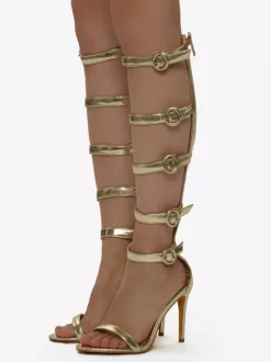 Gold High Heel Sandals Women's Open Toe Buckle Detail Gladiator Sandals