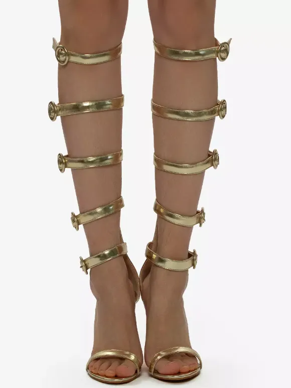 Gold High Heel Sandals Women's Open Toe Buckle Detail Gladiator Sandals