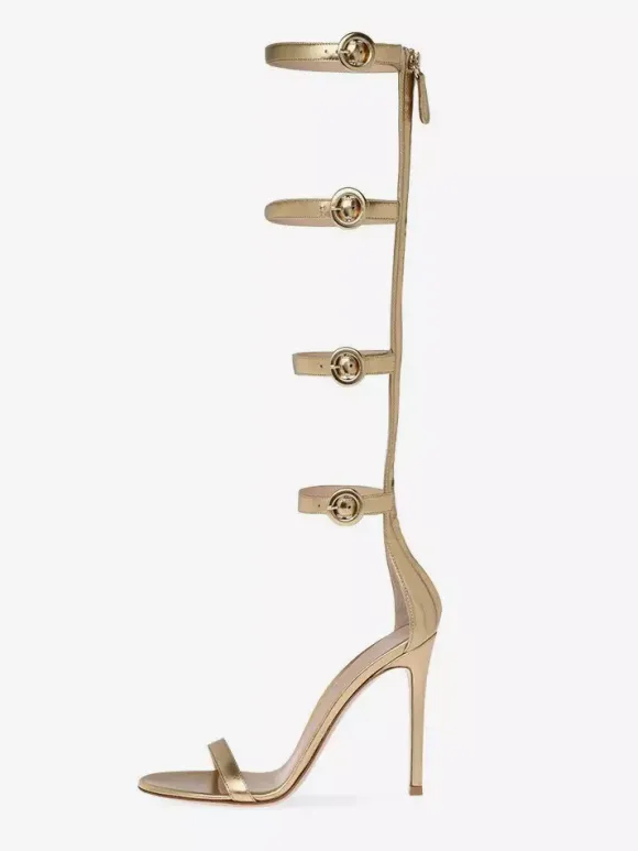 Gold High Heel Sandals Women's Open Toe Buckle Detail Gladiator Sandals