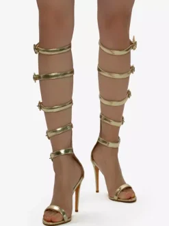 Gold High Heel Sandals Women's Open Toe Buckle Detail Gladiator Sandals