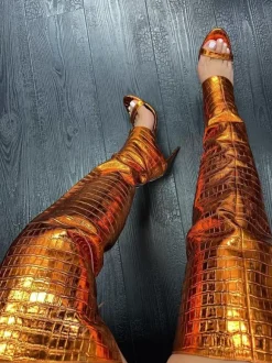 Gold Over The Knee Boots Open Toe Metallic Stone Pattern Thigh High Stietto Heel Sexy Boots