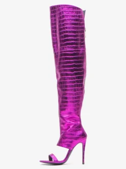 Gold Over The Knee Boots Open Toe Metallic Stone Pattern Thigh High Stietto Heel Sexy Boots