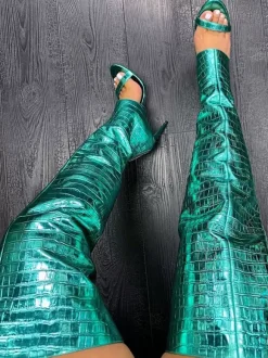 Gold Over The Knee Boots Open Toe Metallic Stone Pattern Thigh High Stietto Heel Sexy Boots