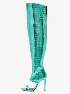 Gold Over The Knee Boots Open Toe Metallic Stone Pattern Thigh High Stietto Heel Sexy Boots
