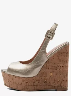 Gold Wedge Shoes Peep Toe Platform Slingback Pumps For Women