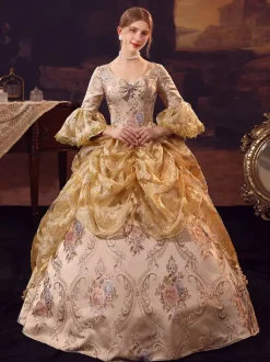 Golden Retro Costumes Polyester Dress Marie Antoinette Costume Women's Euro-Style Vintage Clothing