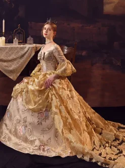 Golden Retro Tudor Dress Costumes Ruffles Marie Antoinette Costume Polyester Dress Women's Royal Party Prom Dress