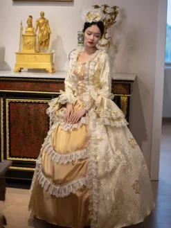 Golden Vintage Victorian Rococo Dress Lace Ruffle Trim Flared Long Sleeves Ball Gown Dress