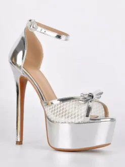 Gold High Heel Sandals Platform Peep Toe Mesh Bow Ankle Strap Party Shoes