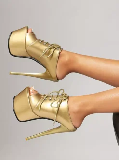 Gold High Heel Sandals Platform Open Toe Lace Up Sandal Shoes For Women