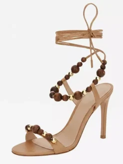 Gold High Heel Sandals Women Open Toe Beaded Lace Up Sandal Shoes