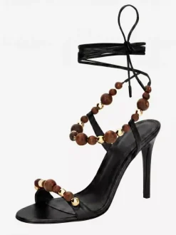 Gold High Heel Sandals Women Open Toe Beaded Lace Up Sandal Shoes