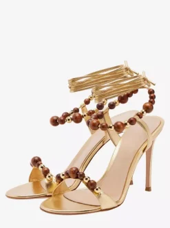 Gold High Heel Sandals Women Open Toe Beaded Lace Up Sandal Shoes