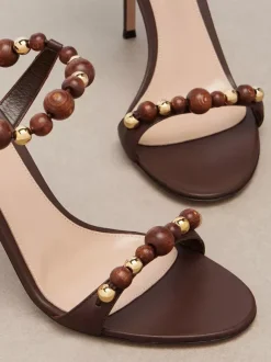 Gold High Heel Sandals Women Open Toe Beaded Lace Up Sandal Shoes