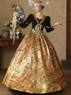Gold Retro Costumes Polyester Jacquard Dress Women's Renaissance Marie Antoinette Costume 18th Century Costume
