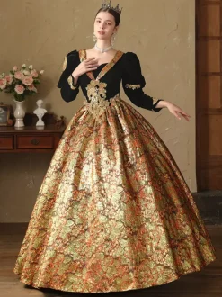 Gold Retro Costumes Polyester Jacquard Dress Women's Renaissance Marie Antoinette Costume 18th Century Costume