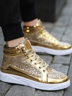 Gold Skate Sneakers Glitter Round Toe High Top Sneakers For Men