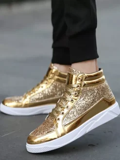 Gold Skate Sneakers Glitter Round Toe High Top Sneakers For Men