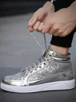 Gold Skate Sneakers Glitter Round Toe High Top Sneakers For Men