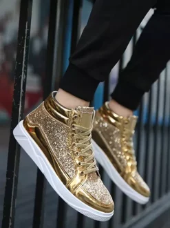 Gold Skate Sneakers Glitter Round Toe High Top Sneakers For Men