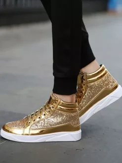 Gold Skate Sneakers Glitter Round Toe High Top Sneakers For Men