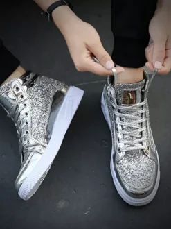 Gold Skate Sneakers Glitter Round Toe High Top Sneakers For Men